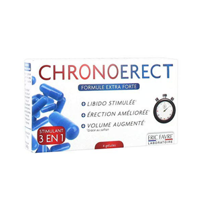 Embalagem de comprimidos CHRONOERECT, embalagem branca com texto em vermelho e azul, imagem de cápsulas azuis e cronómetro.