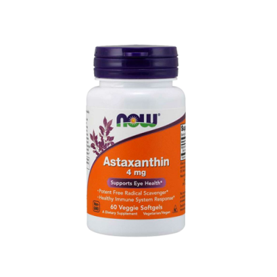 frasco suplemento NOW Astaxanthin 4 mg com tampa roxa e etiqueta laranja