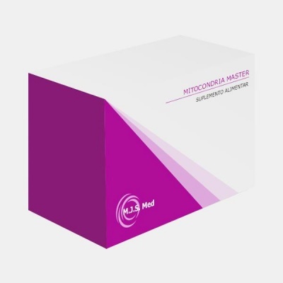 Embalagem branca e roxa de suplemento alimentar Mitocondria Master
