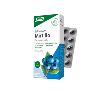 Caixa verde e branca de suplemento Salus Mirtillo com imagem de mirtilos e blister metálico de cápsulas