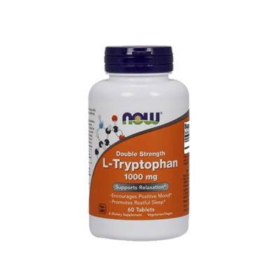 Frasco branco com tampa roxa de suplemento NOW L-Tryptophan 1000 mg