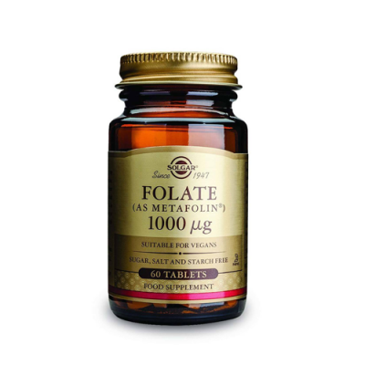 Frasco de suplemento Solgar Folate 1000 µg, 60 pastilhas, vidro castanho, tampa dourada, rótulo dourado.