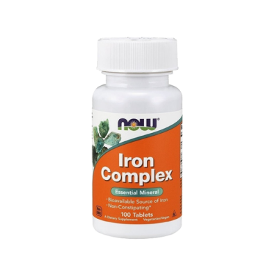 Suplemento alimentar NOW Iron Complex em frasco branco com etiqueta laranja e verde