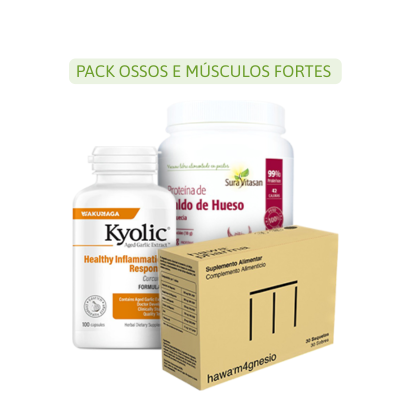 Três produtos de suplementos alimentares: cápsulas Kyolic, pó Proteína de Caldo de Hueso e caixa hawam4gnesio