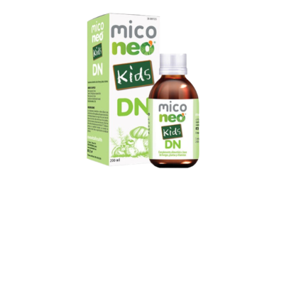Frasco castanho de suplemento Mico Neo Kids DN com caixa verde e branca