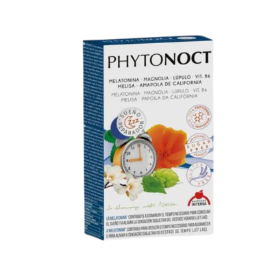 Embalagem azul e branca do suplemento Phytonoct com imagens de plantas e texto explicativo.