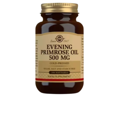Frasco de suplemento Solgar Evening Primrose Oil 500 MG com 180 cápsulas
