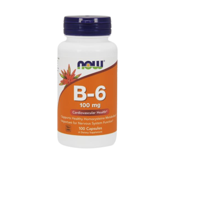 Frasco de suplemento NOW B-6 100 mg com rótulo laranja e tampa azul