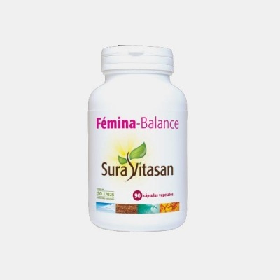 Frasco branco de suplemento Fémina-Balance Sura Vitasan com 90 cápsulas vegetais