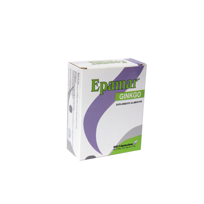 Suplemento alimentar Epamar Ginkgo em caixa branca com detalhes verdes e roxos