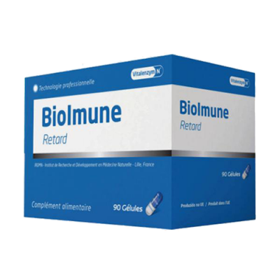 Caixa azul e branca de suplemento alimentar Biol mune Retard 90 cápsulas