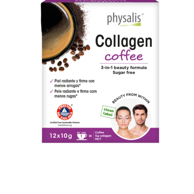 Embalagem de fibrado Collagen coffee da physalis, caixa branca e roxa com texto e imagem de café e pessoas.