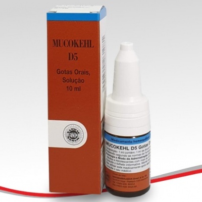 Frasco de gotas orais MUCOKEHL D5 com embalagem castanha e branca