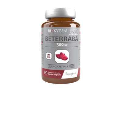 Frasco de suplemento alimentar de beterraba Biokygen 500mg com 90 cápsulas vegetais