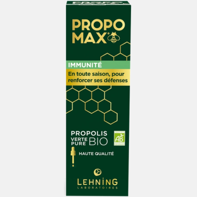 Embalagem do produto Propo Max com texto em francês e design hexagonal dourado