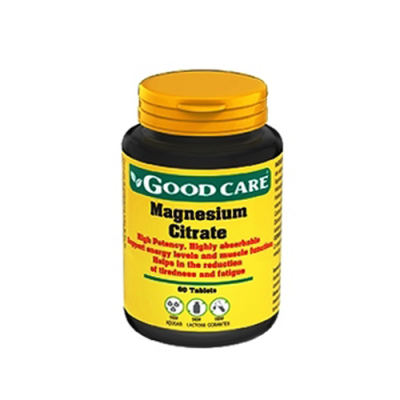 Frasco amarelo e preto de comprimidos Good Care Magnesium Citrate com tampa laranja