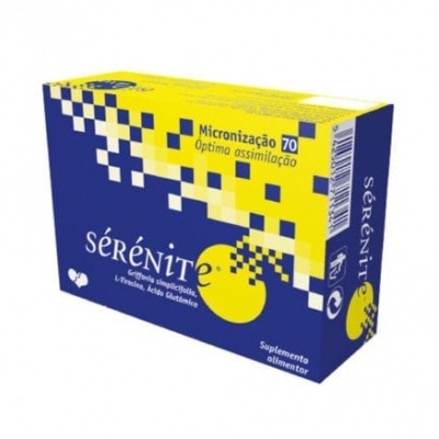 Embalagem azul e amarela do suplemento alimentar Sérénite com texto e padrão geométrico