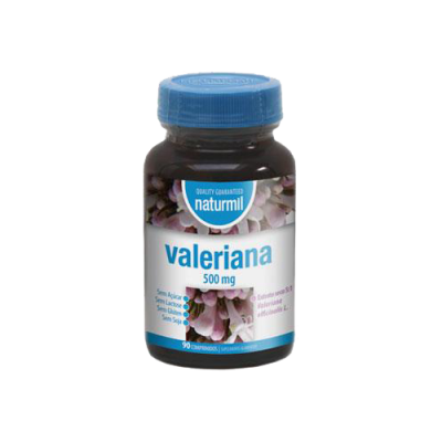 Frasco de suplemento alimenta Naturmil valeriana 500 mg com tampa azul