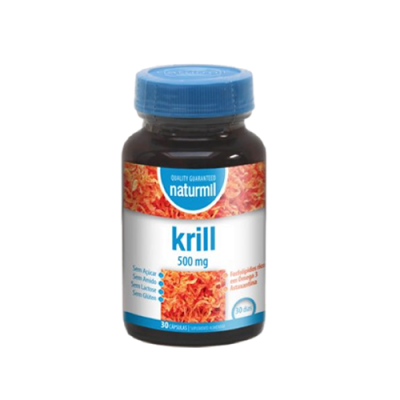 Frasco de suplemento krill Naturmil 500 mg com tampa azul e rótulo branco e vermelho