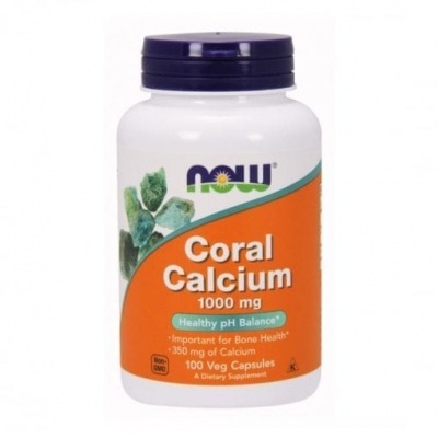 Frasco de suplemento alimentar NOW Coral Calcium 1000 mg com tampa roxa
