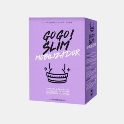 Caixa rosa lilás de suplemento alimentar GOGO! SLIM MOBILIZADOR com ilustração e texto