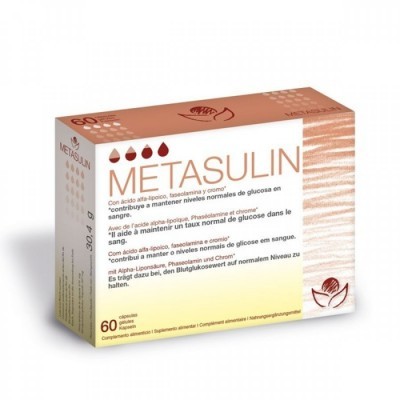 Embalagem do suplemento alimentar Metasulin com texto multilíngue e cores bege e castanho.