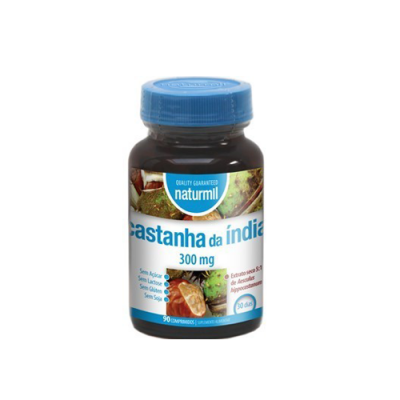 Frasco de suplemento castanha da Índia 300 mg com rótulo azul e branco