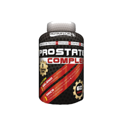 frasco de suplemento PROSTATE COMPLEX preto e vermelho com 60 cápsulas