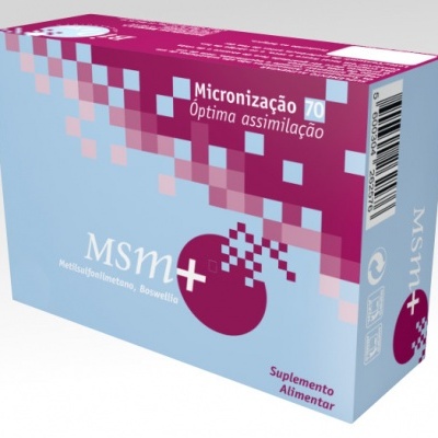 Embalagem azul e rosa do suplemento alimentar MSM+ com texto e código de barras