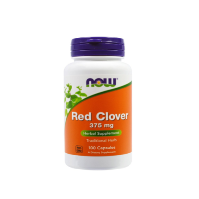 Frasco de suplemento NOW Red Clover 375 mg com etiqueta laranja e tampa roxa