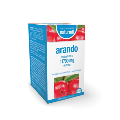 Embalagem azul e branca de suplemento de arando com imagens da fruta e texto informativo.