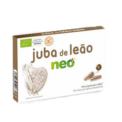 Embalagem de suplemento alimentar 'juba de leão neo' com cogumelo ilustrado e texto em castanho e verde