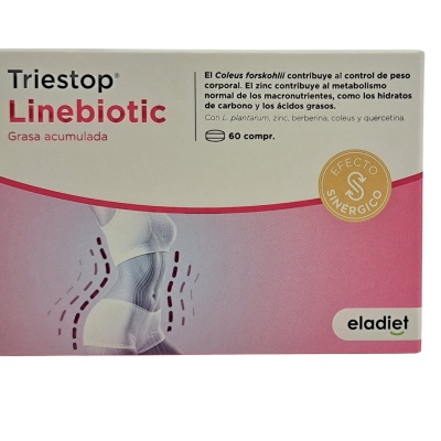 Embalagem de comprimidos Triestop Linebiotic rosa e branco com texto e selo dourado