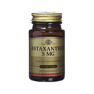Frasco de suplemento Solgar Astaxanthin 5 MG com 30 softgels