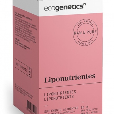 Embalagem rosa e branca de suplemento alimentar Liponutrientes ecogenetics
