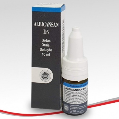 Frasco e caixa do medicamento Albicansan D5 gotas orais solução 10 ml