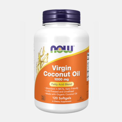 Frasco branco com rótulo laranja de suplemento Virgin Coconut Oil da NOW