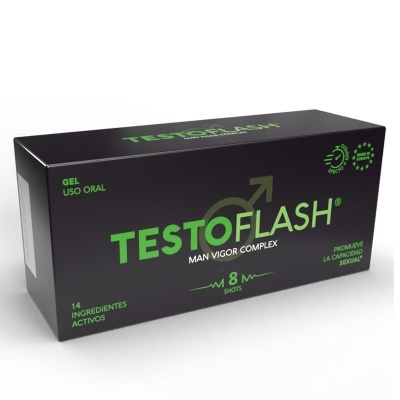 Caixa preta do produto TESTOFLASH para uso oral com texto verde e branco