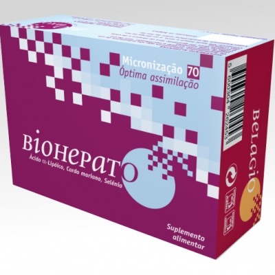 Embalagem do suplemento alimentar Biohepato com design roxo e azul