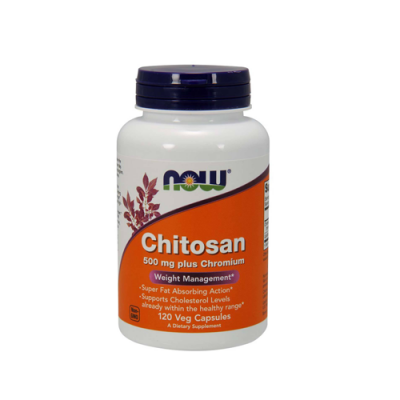 Frasco de suplemento NOW Chitosan 500 mg com tampa roxa e rótulo laranja e branco