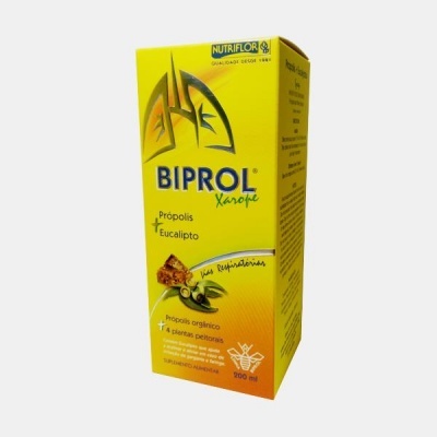 Caixa amarela e laranja de xarope BIPROL com própolis e eucalipto