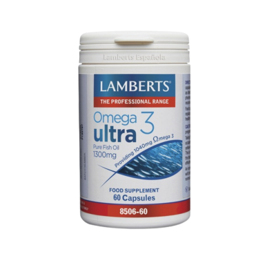 Frasco branco de suplemento Omega 3 ultra da Lamberts com rótulo azul, branco e vermelho