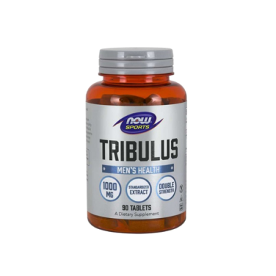 Frasco de suplemento Tribulus Men's Health da NOW SPORTS em embalagem castanha com rótulo branco e detalhes em azul e preto