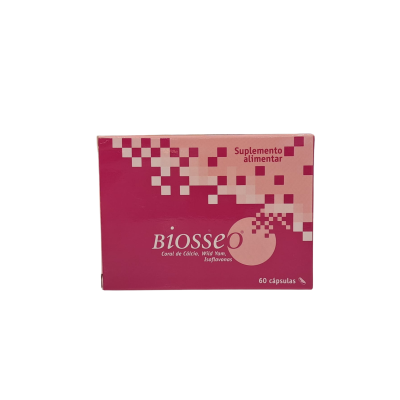 Embalagem rosa de suplemento alimentar Biosseo com 60 cápsulas