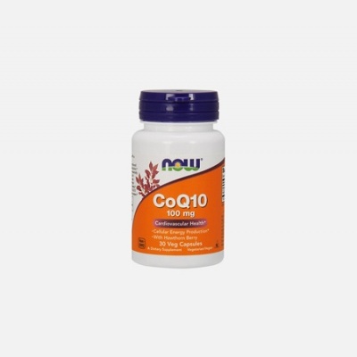 frasco suplemento CoQ10 100 mg NOW com tampa azul