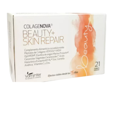 Caixa de suplemento COLAGENOVA BEAUTY+ SKIN REPAIR branco e laranja com texto e 21 saquetas