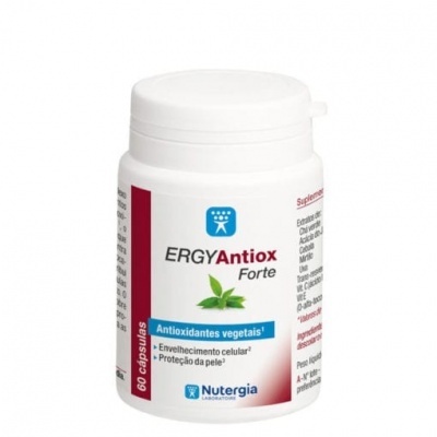 Frasco branco de suplemento ERGYAntiox Forte com rótulo e tampa branca