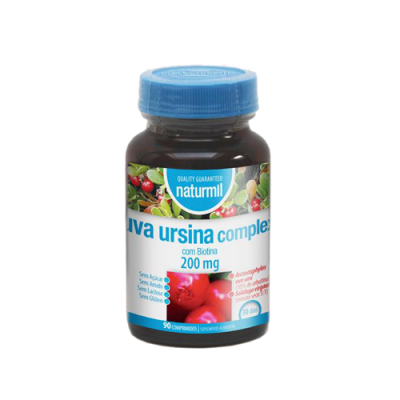Frasco de comprimidos Naturmil Uva Ursina Complex 200 mg com tampa azul