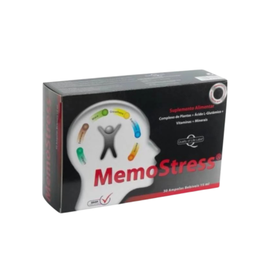 Caixa preta do suplemento MemoStress com gráfico colorido e texto descritivo.