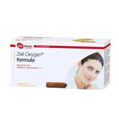 Caixa de suplemento Zell Oxygen formula com frasco marrom e imagem de mulher